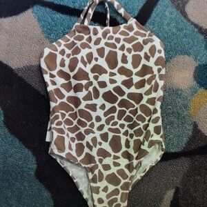 Brown and White Giraffe Print Kids Swim One Piece